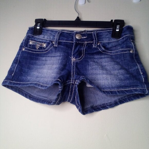 Soundgirl Shorts Juniors 1 Button Pockets Embroidery Rhinestones Denim Blue - Picture 6 of 14